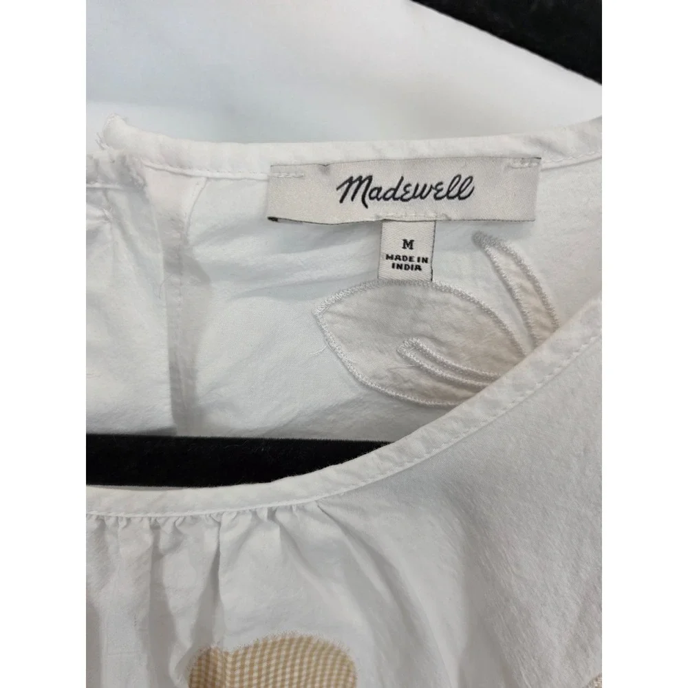 Madewell White Embroidered Flower Poplin Puff Sleeve Cutout Crop top Size Medium